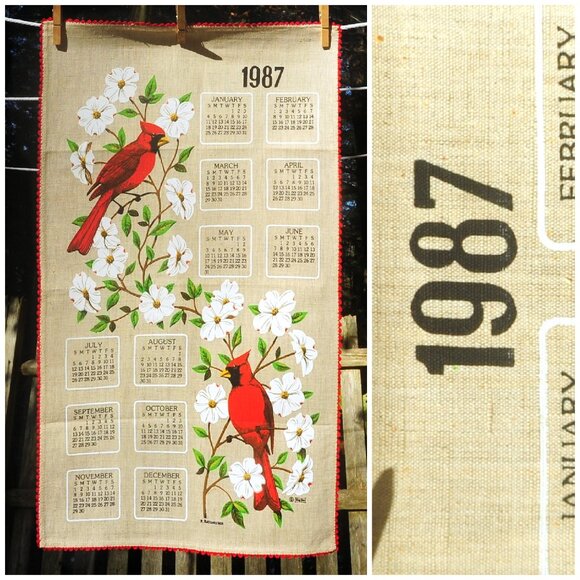 Vintage 1987 Kay Dee Calendar Towel Cardinals on Apple Blossoms Crochet Edging